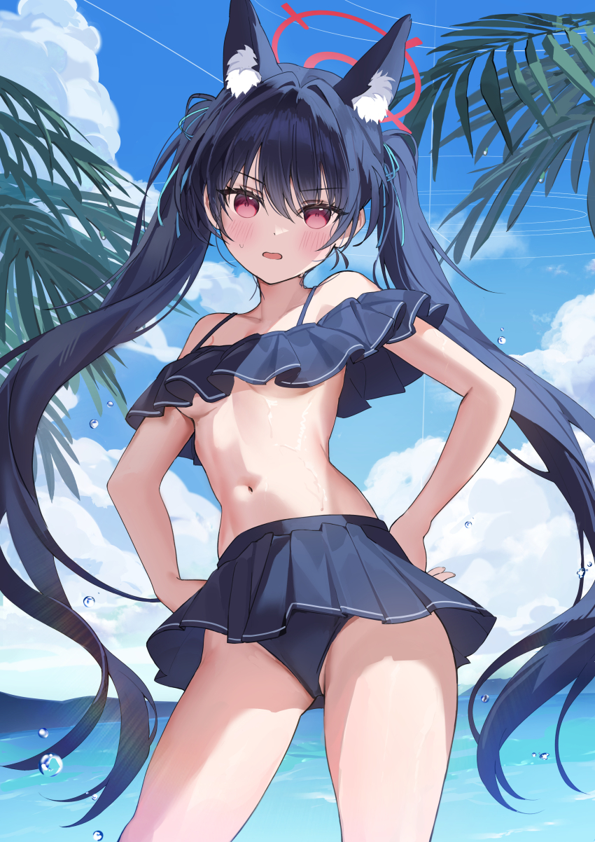 1girl absurdres animal_ear_fluff animal_ears bikini black_bikini blue_archive blue_ribbon blue_sky breasts cloud commentary day frilled_bikini frills hair_ribbon halo highres long_hair looking_at_viewer medium_breasts navel ocean official_alternate_costume outdoors red_eyes red_halo ribbon serika_(blue_archive) serika_(swimsuit)_(blue_archive) shan_(ti0n) sky solo standing swimsuit thighs twintails very_long_hair