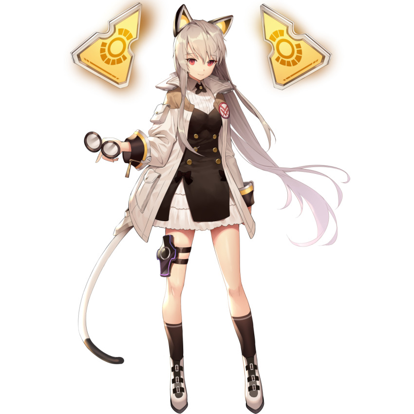 1girl animal_ears ankle_socks arm_at_side artist_request badge belt belt_buckle black_belt black_bow black_sleeve_cuffs black_socks bow buckle cat_ears cat_tail closed_mouth coat coat_pouch collar collared_coat collared_shirt dress_shirt fake_animal_ears final_gear floating floating_object full_body glasses grey_hair hair_between_eyes highres holding holding_removed_eyewear horizontal-striped_socks layered_clothes legs_apart long_hair long_sidelocks long_sleeves mechanical_ears michaelia_(final_gear) multicolored_coat official_art pink_eyes pocket pouch round_eyewear shirt sidelocks simple_background sleeve_cuffs sleeve_pouch sleeves_past_elbows smile socks solo standing straight_hair tachi-e tail thigh_strap third-party_source transparent_background triangle two-tone_coat two-tone_tail undershirt unworn_eyewear very_long_hair white_coat white_collar white_footwear white_pouch white_shirt white_sleeves zipper zipper_pull_tab