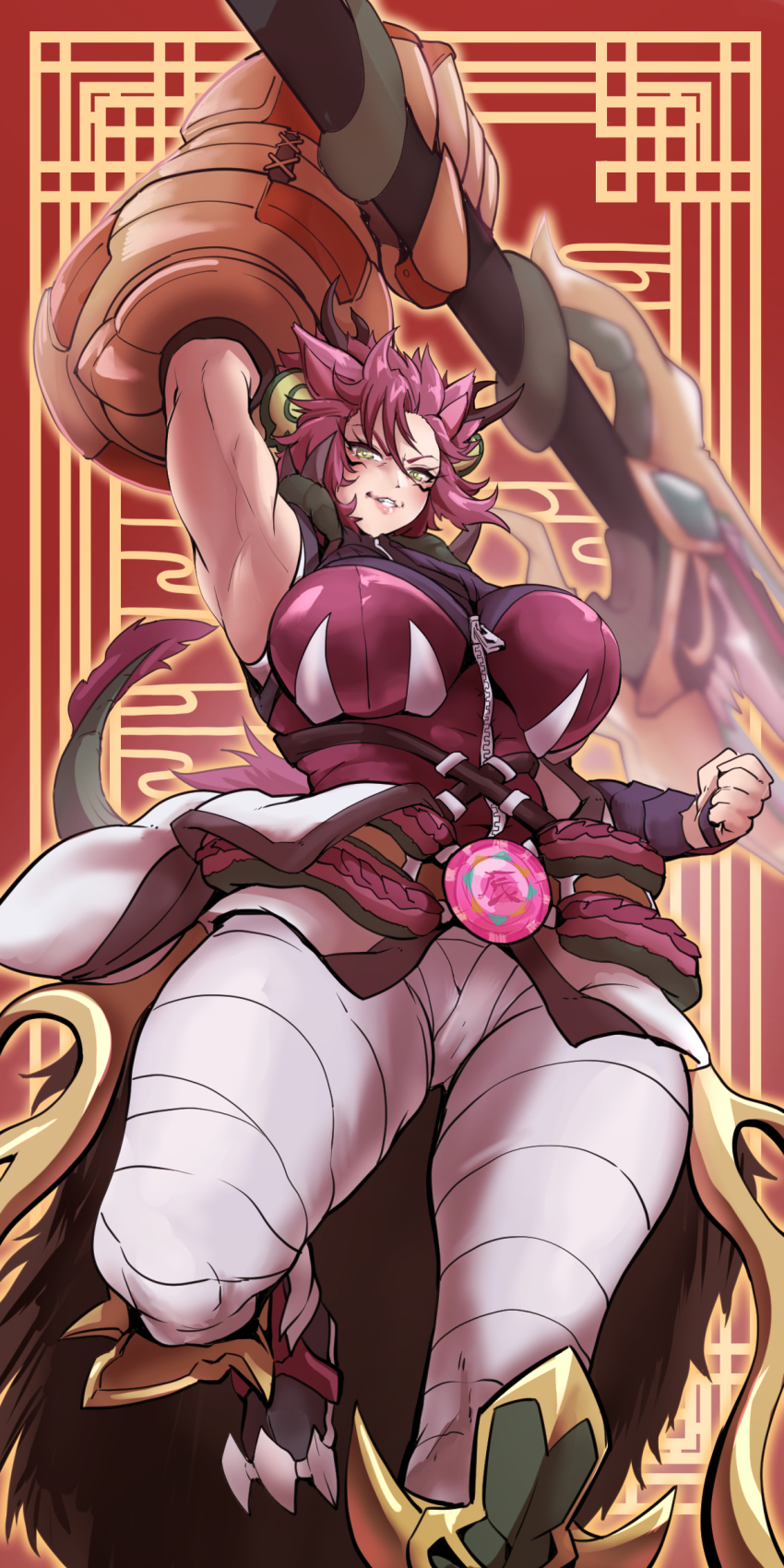 1girl abstract_background absurdres animal_ears armor armpits bandaged_leg bandages blurry blurry_background boots breasts claw_(weapon) clenched_hands comic_hand commentary dragon_girl dragon_horns dragon_tail duel_monster female_focus fingerless_gloves floating_hair foreshortening from_below full_body gauntlets gloves greaves green_eyes hand_up highres holding holding_weapon horns huge_weapon large_breasts looking_at_viewer muscular muscular_female perspective polearm polearm_behind_back red_background red_hair short_hair single_gauntlet solo spiked_hair standing standing_on_one_leg swept_bangs tail trident v-shaped_eyebrows weapon yellow_eyes yu-gi-oh! zoodiac_drident