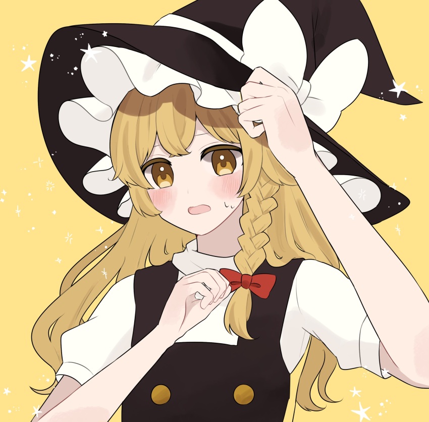 1girl asumi276 black_vest blonde_hair blush bow braid commentary_request hair_bow hat hat_bow highres kirisame_marisa long_hair marisa_day open_mouth red_bow short_sleeves side_braid single_braid solo star_(symbol) sweat touhou vest white_bow witch_hat yellow_background yellow_eyes