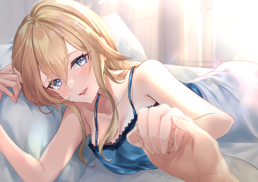 1girl bed blonde_hair blue_eyes blush breasts camisole commentary_request eyelashes genshin_impact hair_between_eyes holding_hands jean_(genshin_impact) jura long_hair looking_at_viewer on_bed open_mouth pillow pov_across_bed sleepwear waking_up