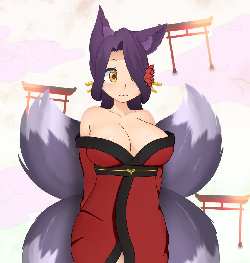 1girl animal_ears arch breasts cleavage cloud cloudy_sky flower fox_ears fox_tail hair_flower hair_ornament hair_pins highres japanese_clothes kimono kitsune large_breasts lotus purple_hair robe sewayaki_kitsune_no_senko-san sky sora_(sewayaki_kitsune_no_senko-san) tail yellow_eyes