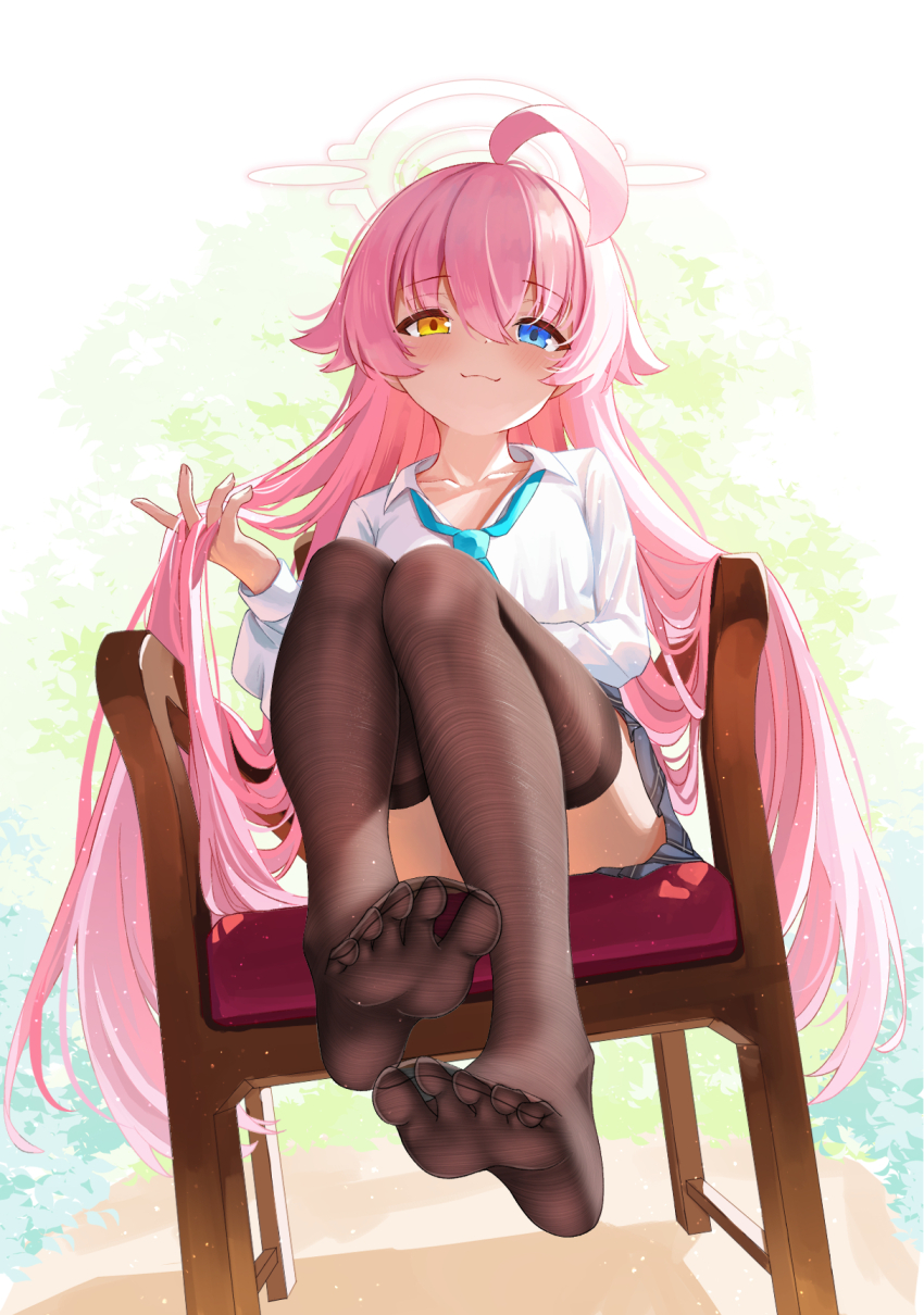 ahoge armchair black_thighhighs blue_archive blue_necktie chair fine_fabric_emphasis full_body halo hand_in_own_hair heterochromia highres hoshino_(blue_archive) huge_ahoge long_hair looking_at_viewer necktie no_shoes ping9137 pink_hair pink_halo shirt sitting smile soles solo thighhighs toes white_shirt