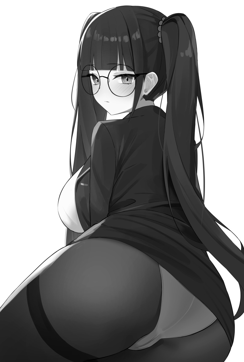 1girl absurdres artist_request ass backboob blunt_bangs blush breasts closed_mouth collared_shirt from_behind glasses greyscale highres jacket long_hair monochrome open_clothes open_jacket original panties panties_under_pantyhose pantyhose pencil_skirt ribbon round_eyewear school_uniform second-party_source shirt skirt solo thighband_pantyhose twintailed_girl_(woo_ing) twintails underwear