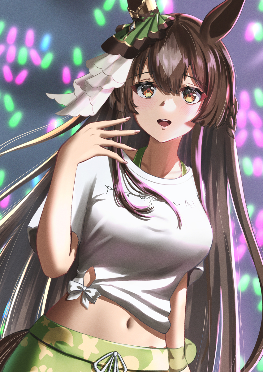 1girl :d absurdres aimi_(tikichin0229) animal_ears blush breasts brown_eyes brown_hair commentary_request crop_top gaze_on_me!_outfit_(umamusume) hair_ribbon hand_up highres horse_ears large_breasts long_hair looking_at_viewer midriff navel open_mouth ribbon satono_diamond_(umamusume) shirt smile solo stomach tied_shirt umamusume upper_body very_long_hair white_shirt