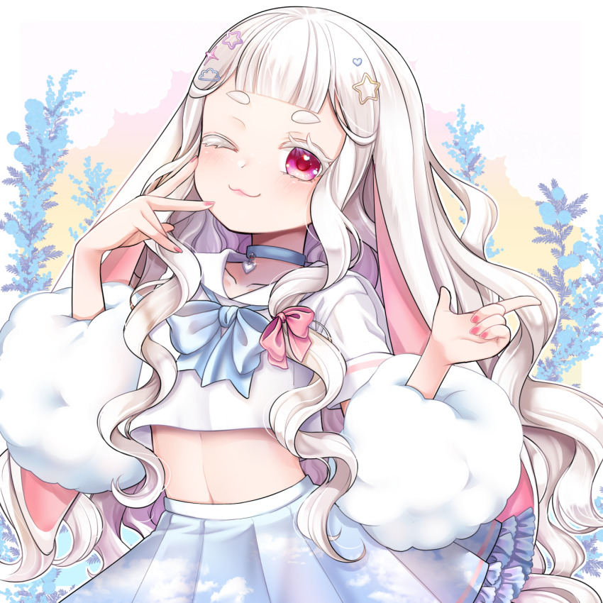 1girl ;3 animal_ears blue_bow blue_bowtie blue_choker blue_skirt bow bowtie choker cloud_hair_ornament collarbone colored_eyelashes commission cropped_shirt hair_bow hair_ornament heart heart_choker heart_hair_ornament heart_in_eye highres indie_virtual_youtuber linea_alba long_hair lop_rabbit_ears miwapeito_(vtuber) one_eye_closed pink_bow pink_eyes pink_nails pleated_skirt puico rabbit_ears school_uniform serafuku shirt skeb_commission skirt solo star_(symbol) star_hair_ornament symbol_in_eye virtual_youtuber white_hair white_shirt