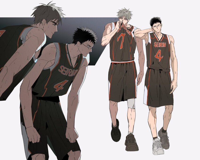 2boys 3030_15 arm_behind_head arm_up bare_shoulders basketball basketball_jersey basketball_shorts basketball_uniform black_footwear black_hair black_socks brown_hair closed_eyes clothes_grab collarbone commentary_request glasses hands_on_own_knees highres hyuuga_junpei kiyoshi_teppei kuroko_no_basuke looking_ahead male_focus multicolored_clothes multiple_boys multiple_views romaji_text seirin_high_basketball_uniform shirt_tucked_in shoes short_hair shorts sleeveless sneakers socks spiked_hair sportswear sweat sweatdrop very_sweaty white_footwear wiping_face