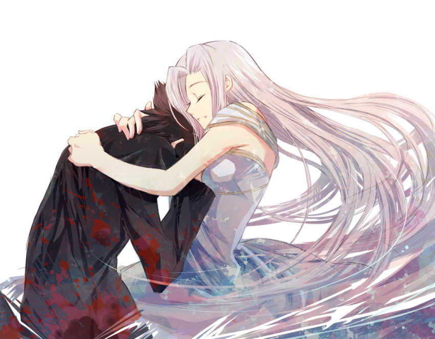 1boy 1girl black_hair blood closed_eyes comforting couple dress emiya_kiritsugu fate/zero fate_(series) hetero hug husband_and_wife irisviel_von_einzbern irisviel_von_einzbern_(angel&#039;s_song) long_coat long_hair revision short_hair triplebomber very_long_hair white_hair