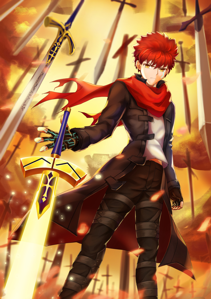 1boy absurdres emiya_shirou excalibur_(fate/stay_night) fate/stay_night fate_(series) field_of_blades fingerless_gloves gloves gt_shoukyou highres jacket magic_circuit male_focus multiple_swords multiple_weapons open_clothes open_jacket planted planted_sword planted_weapon red_hair red_scarf scarf short_hair solo sword too_many_weapons unlimited_blade_works_(fate) weapon yellow_eyes