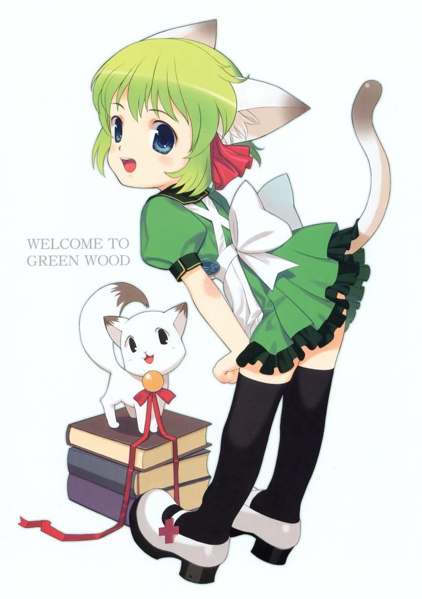 absurdres animal_ears apron bell black_thighhighs blue_eyes book cat cat_ears cat_tail green_hair greenwood hair_ribbon highres jingle_bell mibu_natsuki midori midori_(greenwood) midori_style open_mouth original ribbon solo tail thighhighs