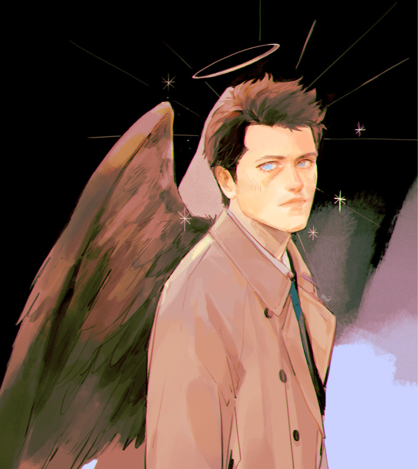 1boy angel angel_wings beard_stubble black_background black_hair blue_eyes brown_wings castiel coat facial_hair halo highres light_smile mahawavy male_focus mature_male short_hair simple_background smile solo sparkle stubble supernatural_(tv_series) trench_coat upper_body wings