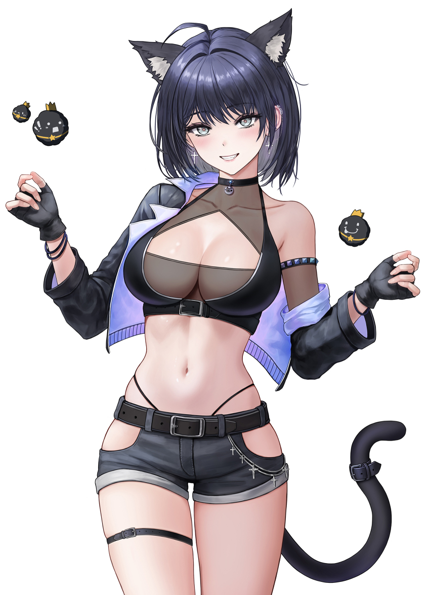 1girl ahoge animal_ears arm_strap bare_shoulders belt black_choker black_gloves black_hair black_jacket black_shirt black_shorts breasts cat_ears cat_girl cat_tail choker cleavage cleavage_cutout clothing_cutout collarbone colored_inner_hair cowboy_shot crop_top cropped_jacket denim denim_shorts earrings eruthu extra_ears fingerless_gloves gloves grey_eyes grin hands_up highleg highres hip_vent jacket jewelry large_breasts long_sleeves looking_at_viewer midriff multicolored_hair navel off_shoulder open_clothes open_jacket panty_straps see-through_clothes see-through_cleavage shirt short_hair short_shorts shorts simple_background skindentation sleeveless sleeveless_shirt smile solo standing stardays stomach tail tail_belt thigh_strap thighs van_(stardays) virtual_youtuber white_background