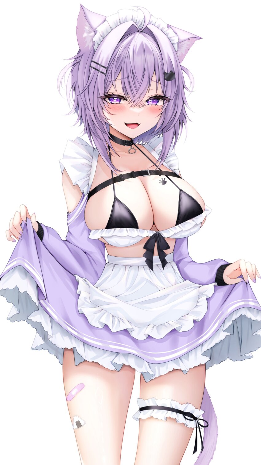 :3 absurdres alternate_costume animal_ear_fluff animal_ears bikini black_bikini blush breasts cat_ears cat_girl clothes_lift commentary_request cowboy_shot detached_sleeves enmaided fangs highres hololive large_breasts maid nekomata_okayu no_shirt purple_eyes purple_hair purple_skirt purple_sleeves purple_tail simple_background skirt skirt_lift swimsuit virtual_youtuber white_background yu_lei