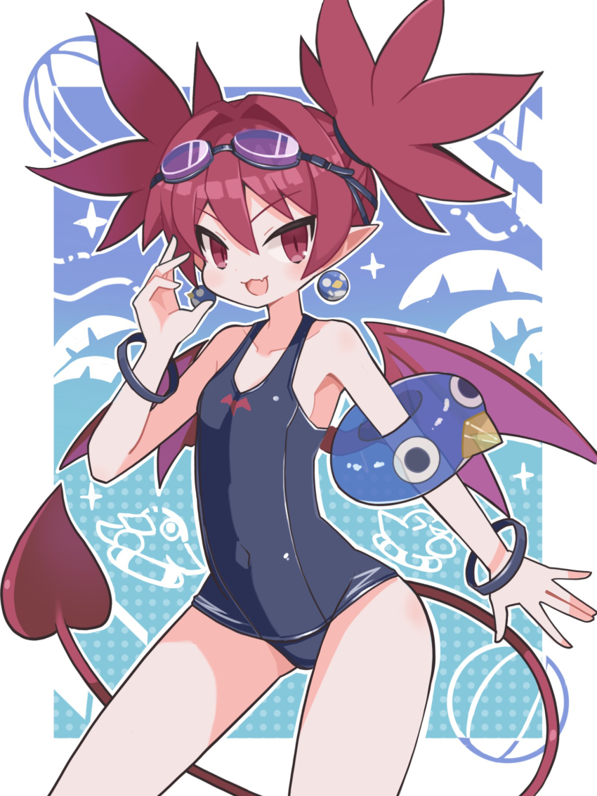 1girl :3 :d bat_wings blue_one-piece_swimsuit blush border collarbone commentary_request covered_navel demon_girl demon_tail demon_wings disgaea earrings etna_(disgaea) flat_chest goggles goggles_on_head gradient_background highres inflatable_armbands jewelry looking_at_viewer makai_senki_disgaea mini_wings navel old_school_swimsuit one-piece_swimsuit open_mouth palm_tree petite pointy_ears polka_dot polka_dot_background red_eyes red_hair red_tail red_wings school_swimsuit short_hair smile solo sparkle sphere_earrings spiked_hair suaman swim_goggles swimsuit tail tree twintails white_border wings