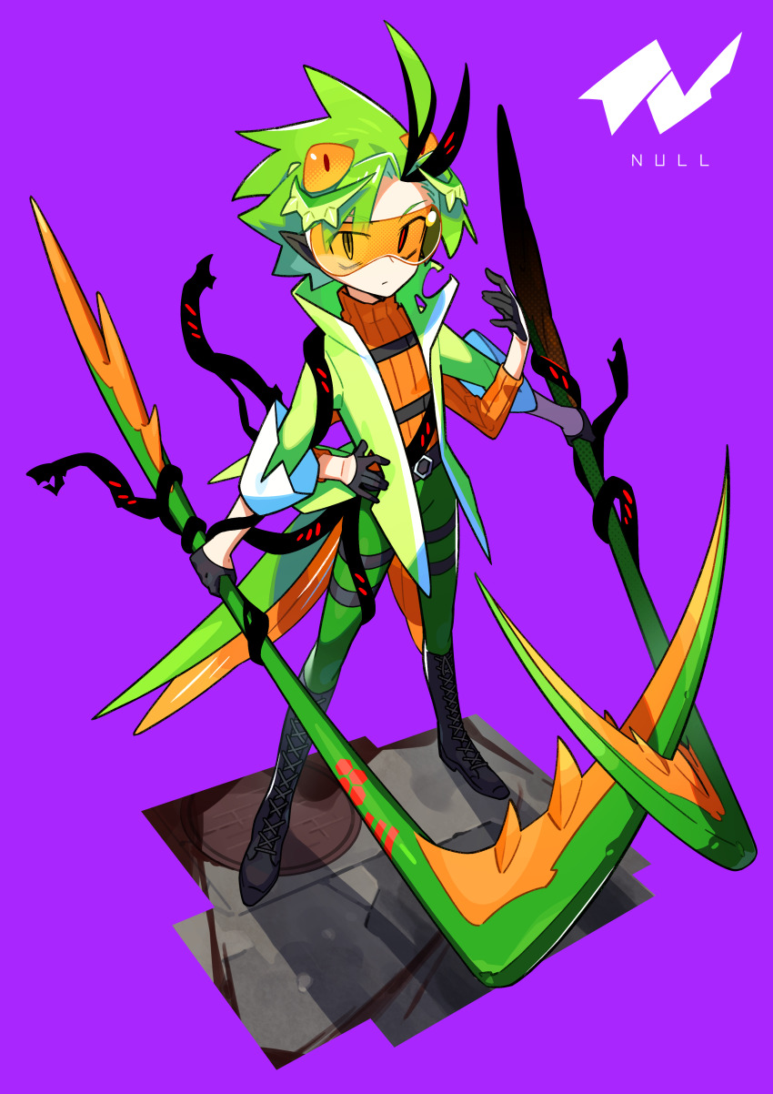 1boy absurdres arthropod_boy black_eyes black_gloves boots closed_mouth coat commentary_request dual_wielding extra_arms extra_eyes full_body gloves green_coat green_eyes green_hair half_gloves hand_on_own_hip heterochromia highres holding holding_scythe long_sleeves looking_at_viewer male_focus mantis_boy mismatched_pupils orange-tinted_eyewear orange_sweater original pointy_ears purple_background rimless_eyewear saadiya74 scythe short_hair simple_background solo standing sweater tinted_eyewear turtleneck turtleneck_sweater