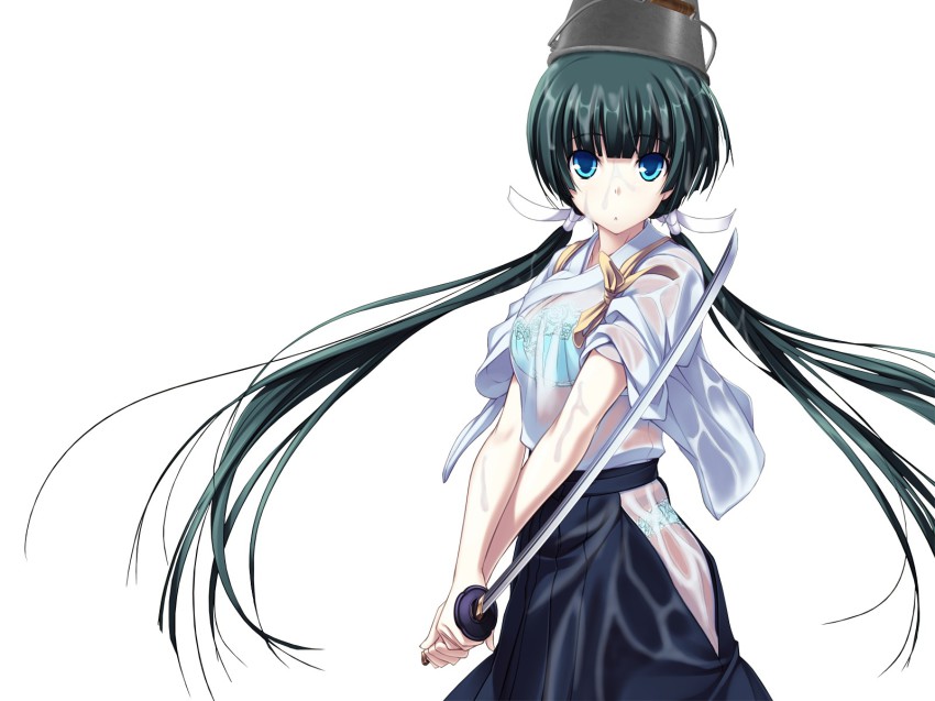 1girl bra bucket bucket_on_head female_focus hakama hakama_skirt highres japanese_clothes kawagishi_keitarou lingerie maji_de_watashi_ni_koi_shinasai! mayuzumi_yukie object_on_head panties see-through_clothes skirt solo sword third-party_edit underwear weapon wet