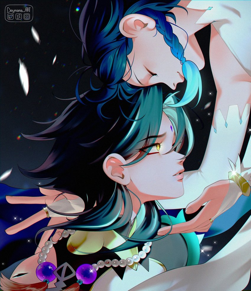 2boys androgynous aqua_hair bard bead_necklace beads bishounen black_hair blue_hair braid closed_eyes closed_mouth commentary detached_sleeves deymara face-to-face facial_mark forehead_mark genshin_impact gradient_hair green_hair highres jewelry long_hair male_focus multicolored_hair multiple_boys necklace open_mouth short_hair_with_long_locks signature simple_background smile teeth twin_braids twitter_logo venti_(genshin_impact) xiao_(genshin_impact) yellow_eyes