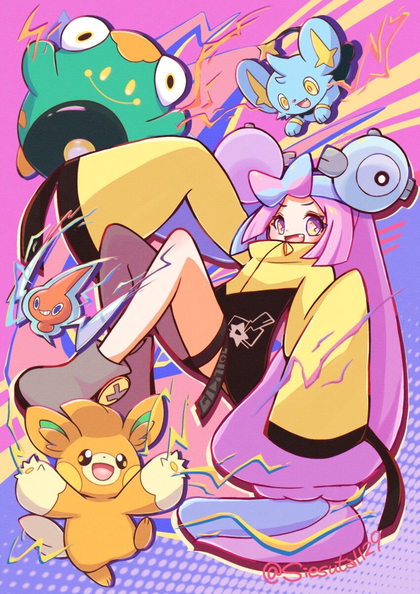 1girl :d bellibolt blue_hair bow-shaped_hair creatures_(company) electricity full_body game_freak gen_4_pokemon gokuaku_rabbit highres iono_(pokemon) jacket long_hair long_sleeves looking_at_viewer multicolored_hair nintendo open_mouth pawmo pink_eyes pink_hair pokemon pokemon_(creature) pokemon_sv rotom rotom_(normal) shinx sleeves_past_fingers sleeves_past_wrists smile thigh_strap twintails twitter_username two-tone_hair very_long_hair wide_sleeves yellow_jacket