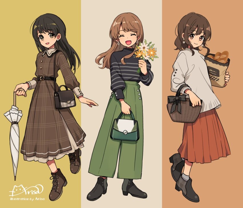 3girls :d ^_^ ankle_boots arisa_(aren) artist_name bag belt belt_buckle black_belt black_bow black_footwear black_hair black_sweater boots bow bread brown_background brown_dress brown_eyes brown_footwear brown_hair buckle closed_eyes closed_mouth collared_dress commentary_request dress earrings facing_viewer flower food full_body green_pants grey_background grey_sweater groceries handbag holding holding_flower holding_umbrella jewelry long_dress long_hair long_sleeves looking_at_viewer multicolored_background multiple_girls open_mouth orange_flower orange_skirt original pants paper_bag plaid_clothes plaid_dress pleated_skirt short_hair shoulder_bag signature simple_background skirt smile standing sweater umbrella white_flower yellow_background yellow_eyes