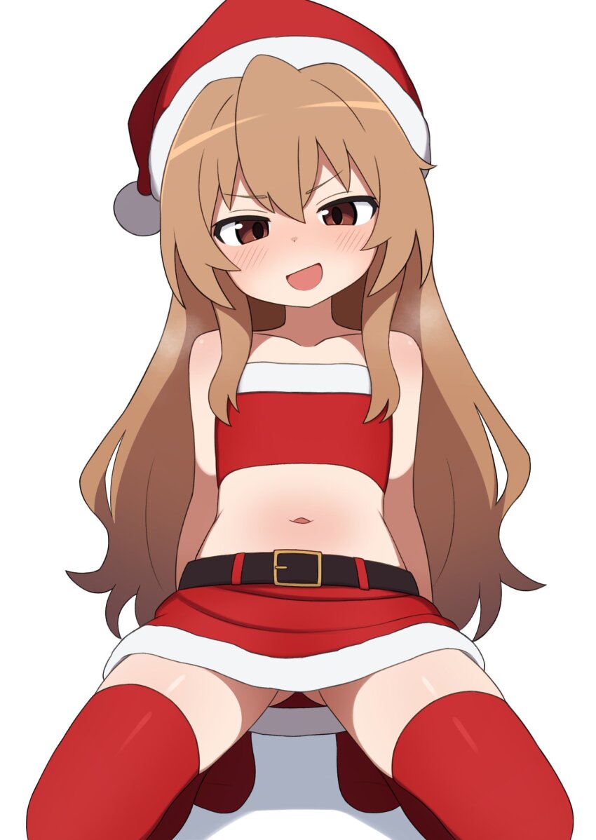 1girl :d aisaka_taiga belt brown_hair commentary english_commentary gluteal_fold hat highres kneeling long_hair looking_at_viewer mikoscrub navel open_mouth red_skirt red_thighhighs red_tube_top santa_hat simple_background skirt smile solo strapless thighhighs thighs toradora! tube_top white_background