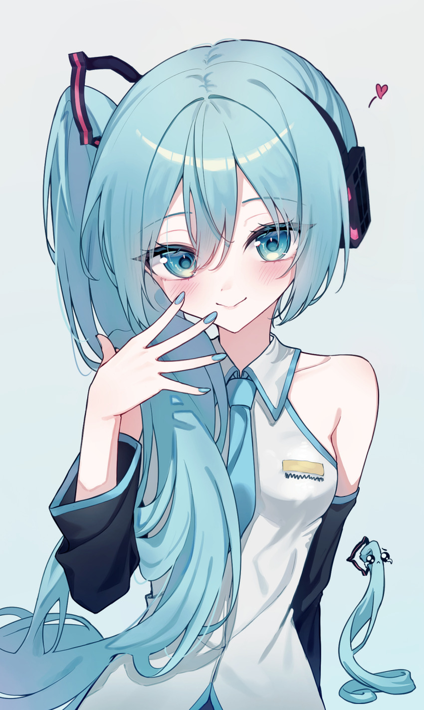 1girl aqua_trim bare_shoulders black_sleeves blue_eyes blue_hair blue_nails blue_necktie breasts closed_mouth collarbone collared_shirt commentary_request detached_sleeves gradient_background grey_shirt hair_between_eyes hatsune_miku hatsune_miku_(noodle_stopper) heart highres long_hair looking_at_viewer meme nail_polish necktie partial_commentary sarin_(seoling) shirt side_ponytail sidetail_miku_noodle_stopper_(meme) simple_background sleeveless small_breasts smile solo very_long_hair vocaloid