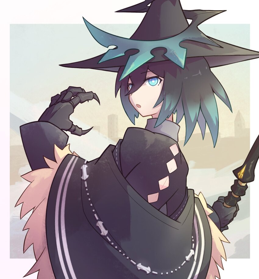 1girl black_hair black_hat black_rock_shooter black_rock_shooter_arcana blue_eyes crossed_bangs elder_caster fingernails gradient_hair hat highres medium_hair mehyuew39 multicolored_hair sharp_fingernails skeletal_hand solo witch_hat