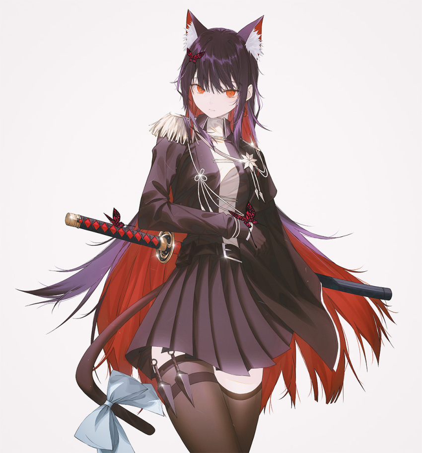 1girl animal_ears black_hair black_swan_(e.g.o) black_thighhighs breasts bug butterfly cat_ears cat_tail e.g.o_(project_moon) epaulettes fov_ps insect katana kunai long_hair looking_at_viewer multicolored_hair original red_eyes red_hair sheath sheathed simple_background small_breasts solo sword tail thighhighs two-tone_hair weapon white_background