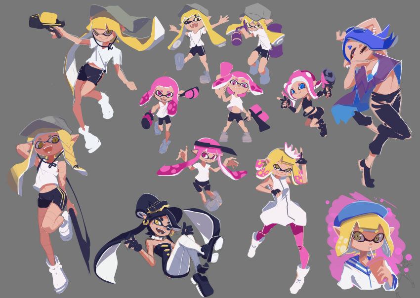 6+girls bike_shorts black_dress black_footwear black_hair black_pants blonde_hair blue_eyes blue_hair callie_(splatoon) cosplay dress drinking earrings grey_background grey_hat grin gun hair_over_one_eye hat highres holding holding_gun holding_weapon inkling inkling_girl inkling_player_character jewelry long_hair long_sleeves midriff_peek multiple_girls multiple_views navel nintendo octoling octoling_girl octoling_player_character outstretched_arms pants pantyhose pearl_(splatoon) pearl_(splatoon)_(cosplay) pink_eyes pink_hair pink_pantyhose pointy_ears shirt shiver_(splatoon) smile splatoon_(series) splatoon_3 spread_arms tentacle_hair weapon white_footwear white_shirt xfiro