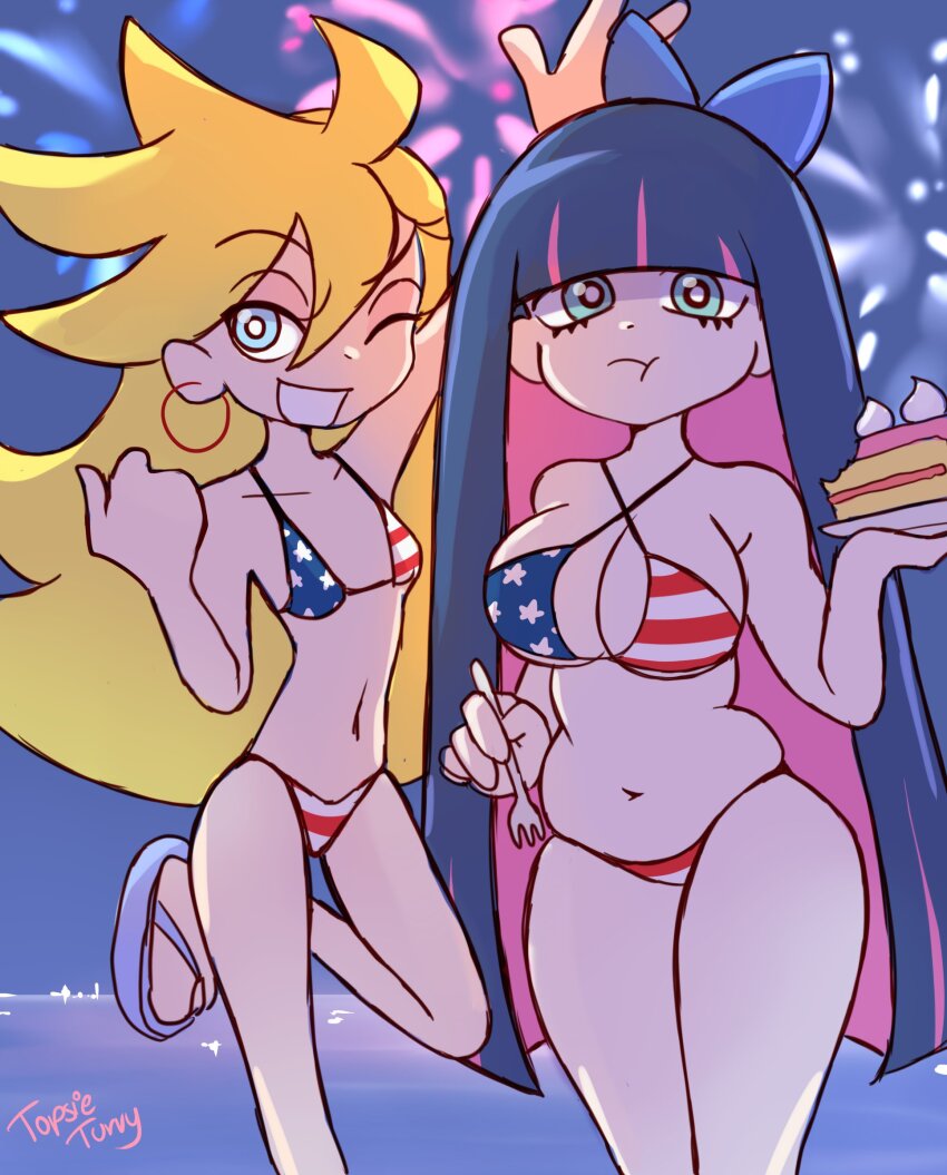 2girls absurdres american_flag american_flag_bikini american_flag_print aqua_eyes bikini blonde_hair blue_bow blue_eyes blue_hair bow breasts cake cake_slice colored_inner_hair criss-cross_halter earrings eating fireworks flag_print food fork hair_between_eyes hair_bow halterneck highres holding holding_fork hoop_earrings independence_day_(1996_film) jewelry large_breasts long_hair multicolored_hair multiple_girls navel one_eye_closed panty_&amp;_stocking_with_garterbelt panty_(psg) pink_hair plump print_bikini sandals siblings sisters skinny small_breasts standing standing_on_one_leg stocking_(psg) swept_bangs swimsuit topsieturvy two-tone_hair very_long_hair