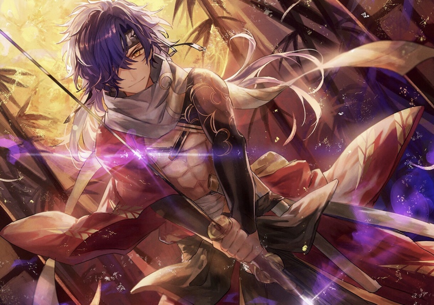 1boy bare_pectorals closed_mouth dutch_angle fate/grand_order fate_(series) hair_over_one_eye holding holding_sword holding_weapon japanese_clothes looking_at_viewer male_focus messy_hair okada_izou_(fate) okada_izou_(third_ascension)_(fate) pectorals purple_hair scarf smile solo sword tsugutoku weapon yellow_eyes