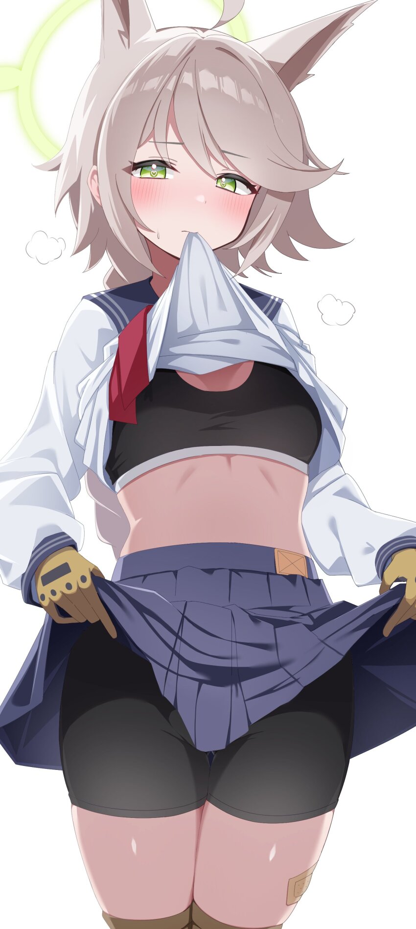 1girl animal_ears bike_shorts blue_archive breasts cowboy_shot fox_ears green_eyes lelex looking_at_viewer otogi_(blue_archive) school_uniform simple_background small_breasts solo sports_bra thigh_gap twitter white_background