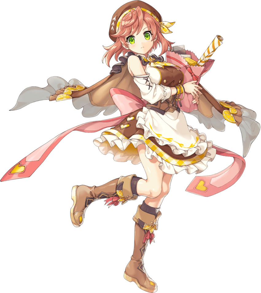 1girl artist_request bag bare_shoulders boots bow bracelet breasts buttons full_body game_cg green_eyes heart highres holding holding_bag jewelry katia_(legend_clover) legend_clover official_alternate_costume official_art red_bow short_hair skirt third-party_source transparent_background