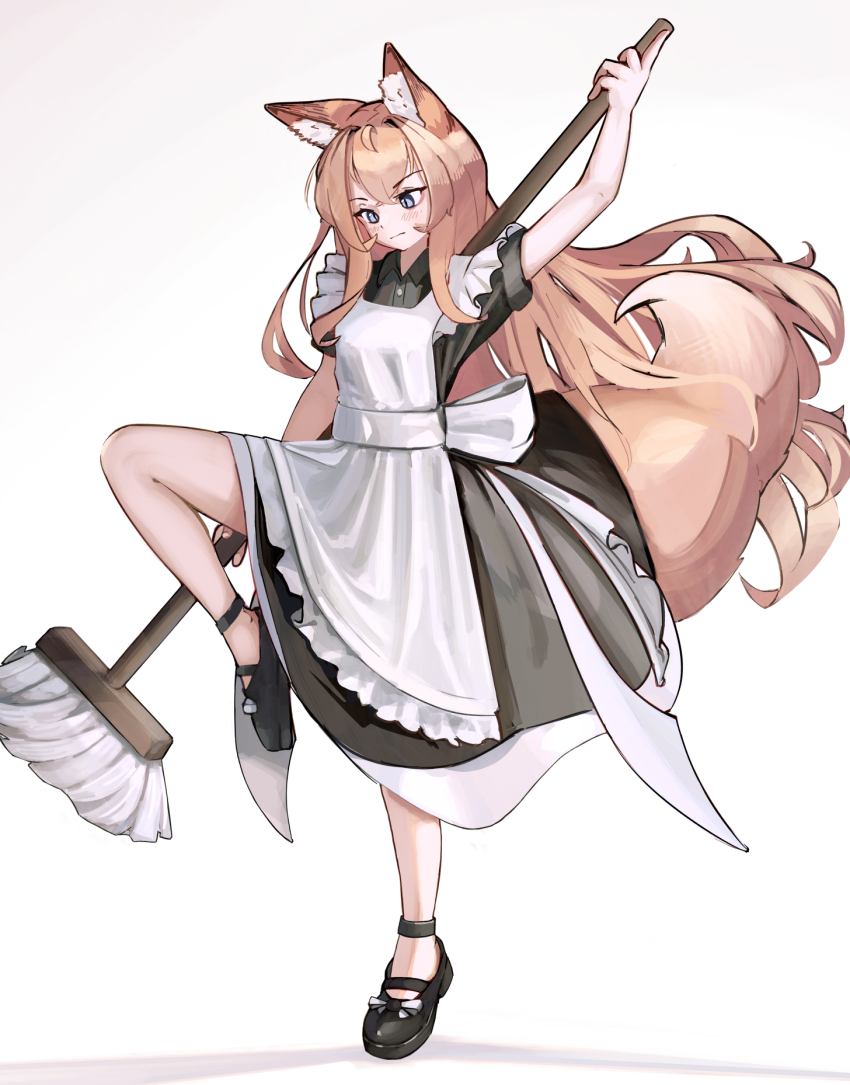 1girl animal_ear_fluff animal_ears ankleband balancing black_footwear blonde_hair blue_eyes broom closed_mouth dot_nose fosqie fox_ears fox_girl full_body highres holding holding_broom leg_up light_blush long_hair looking_down maid mary_janes original shoes slit_pupils solo tail very_long_hair white_background