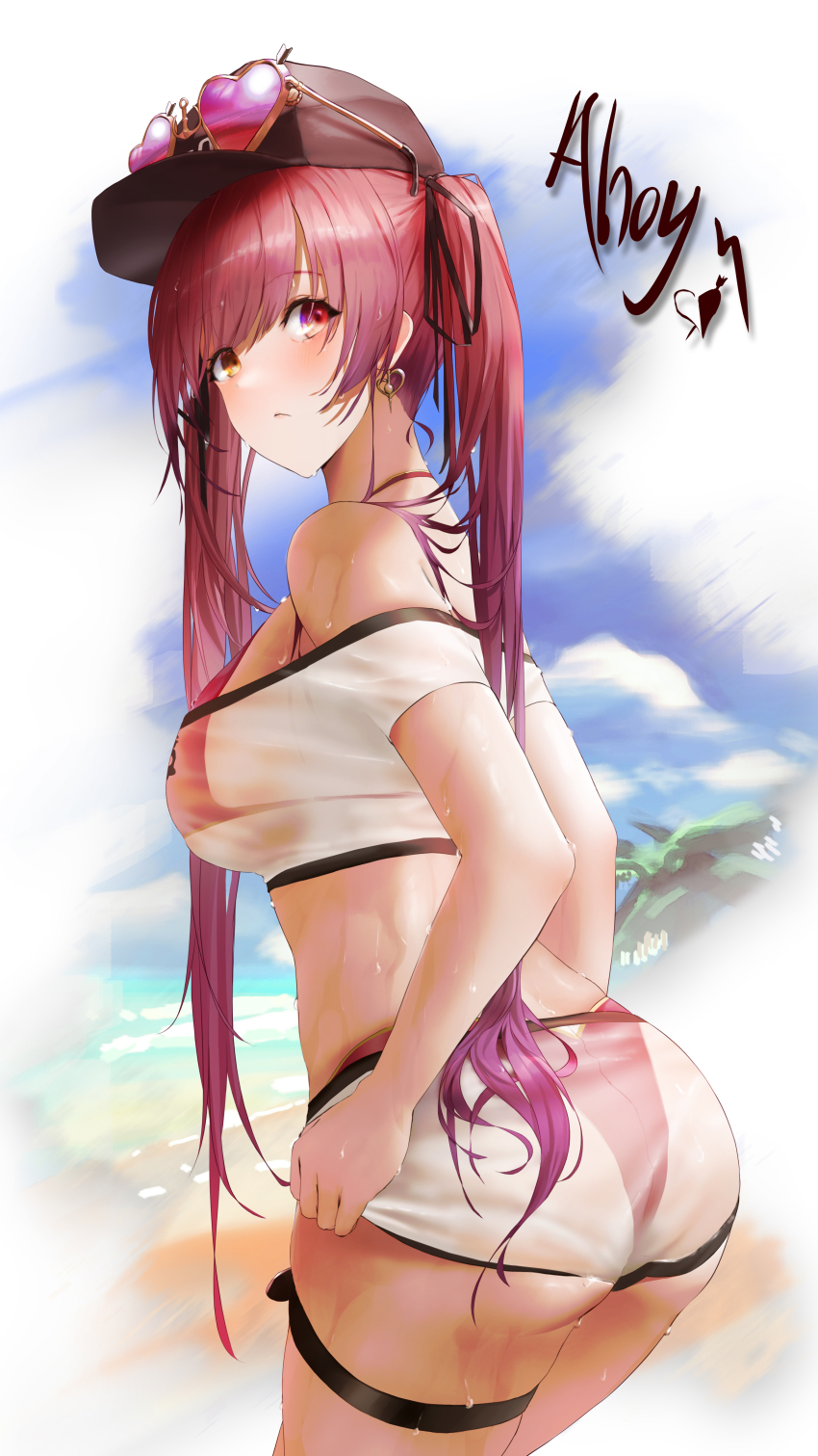 1girl absurdres ass baseball_cap beach bikini bikini_under_clothes breasts closed_mouth commentary earrings eyewear_on_head from_behind hat heart heart-shaped_eyewear heart_earrings heterochromia highres hololive houshou_marine houshou_marine_(summer) jewelry large_breasts leaning_forward long_hair red_bikini red_eyes red_hair see-through_clothes shirt short_shorts shorts solo sunglasses swimsuit thigh_strap tinted_eyewear twintails very_long_hair virtual_youtuber wanne wet wet_clothes wet_shirt wet_shorts yellow_eyes