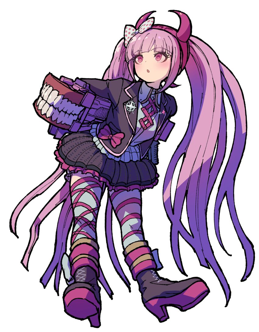 1girl :o absurdres bent_over bow danganronpa_(series) danganronpa_another_episode:_ultra_despair_girls fake_horns hair_bow hairband high_heels highres horn_hairband horns jacket long_hair long_sleeves open_clothes open_mouth pink_eyes pink_hair pink_horns polka_dot shirt simple_background skirt solo twintails utsugi_kotoko youko-shima