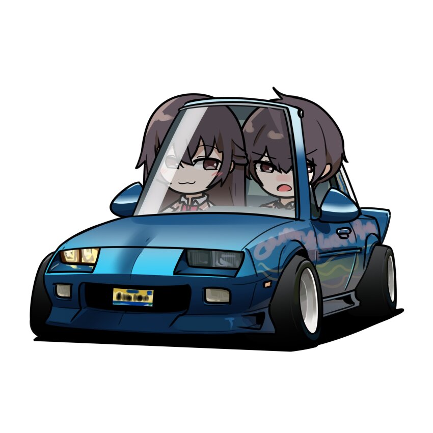 1boy 1girl :3 absurdres blue_car brother_and_sister brown_eyes brown_hair brown_jacket car chevrolet chevrolet_camaro chibi collared_shirt commentary driving english_commentary highres holeecrab jacket kuze_masachika looking_at_viewer motor_vehicle open_mouth shirt siblings simple_background smile sports_car suou_yuki tokidoki_bosotto_roshia-go_de_dereru_tonari_no_alya-san v-shaped_eyebrows vehicle_focus white_background white_shirt