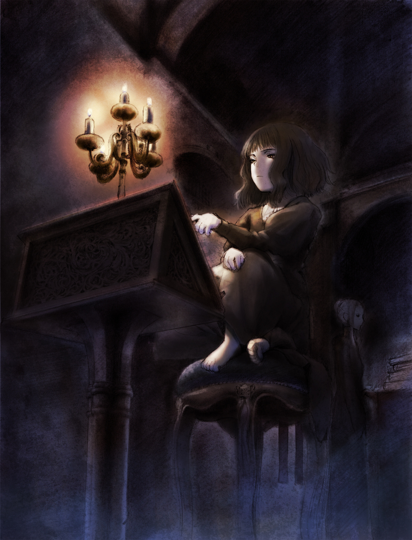 2girls barefoot black_dress black_hair candle candlelight candlestand chair commentary_request dark dress expressionless highres hotateyuki indoors multiple_girls original short_hair sitting