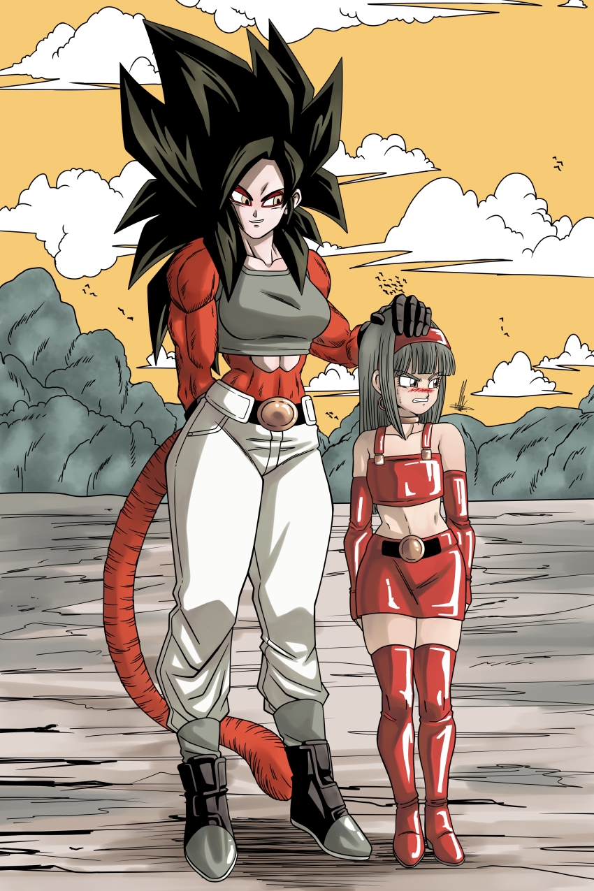 2girls belt bird black_hair blue_hair blush boots bra_(dragon_ball) cloud crop_top denim dragon_ball elbow_gloves gloves grin hairband jeans mountain multiple_girls nervous_sweating pan_(dragon_ball) pants red_fur shoes skirt smile sweat thighhighs unkôshin