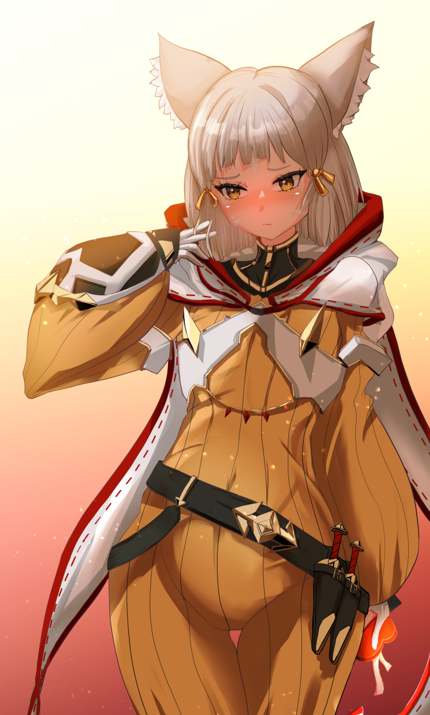 absurdres animal_ears blunt_bangs bodysuit cat_ears facial_mark grey_hair highres jumpsuit nia_(xenoblade) shindayomon xenoblade_chronicles_(series) xenoblade_chronicles_2 yellow_bodysuit yellow_eyes yellow_jumpsuit