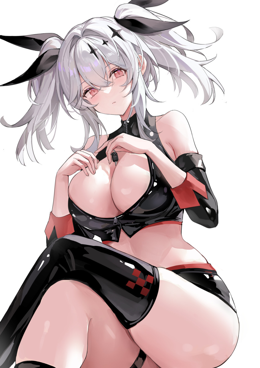 1girl absurdres again_(depr4447) azur_lane bare_shoulders between_breasts black_shorts black_thighhighs blush boots breasts cleavage cleavage_cutout closed_mouth clothing_cutout commentary crop_top crossed_legs detached_sleeves front_zipper frown hair_between_eyes hair_intakes hair_ornament hands_up highres holding holding_key joffre_(azur_lane) joffre_(blessings&#039;_first_flight)_(azur_lane) key large_breasts long_hair looking_at_viewer medium_hair messy_hair micro_shorts midriff official_alternate_costume race_queen red_eyes short_shorts shorts simple_background single_thigh_boot single_thighhigh sitting skindentation sleeveless solo symbol-only_commentary thigh_boots thigh_strap thighhighs thighs twintails white_background white_hair