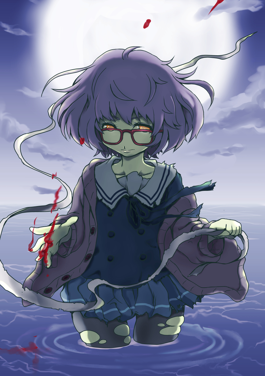 10s 1girl absurdres blood cardigan colored_skin female_focus flat_chest full_moon glasses green_skin hemokinesis highres kuriyama_mirai kyoukai_no_kanata moon open_cardigan open_clothes pantyhose pink_hair red-framed_eyewear school_uniform shirotateto short_hair skindentation solo torn_clothes torn_pantyhose wading water