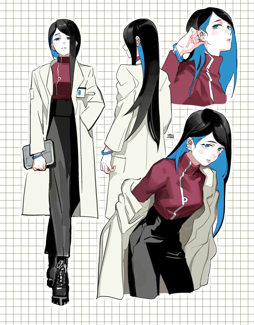 1girl absurdres aged_up black_footwear black_hair blue_eyes blue_hair blush boots bracelet colored_inner_hair gundam gundam_suisei_no_majo highres jewelry kohiu lab_coat long_hair multicolored_hair nika_nanaura solo