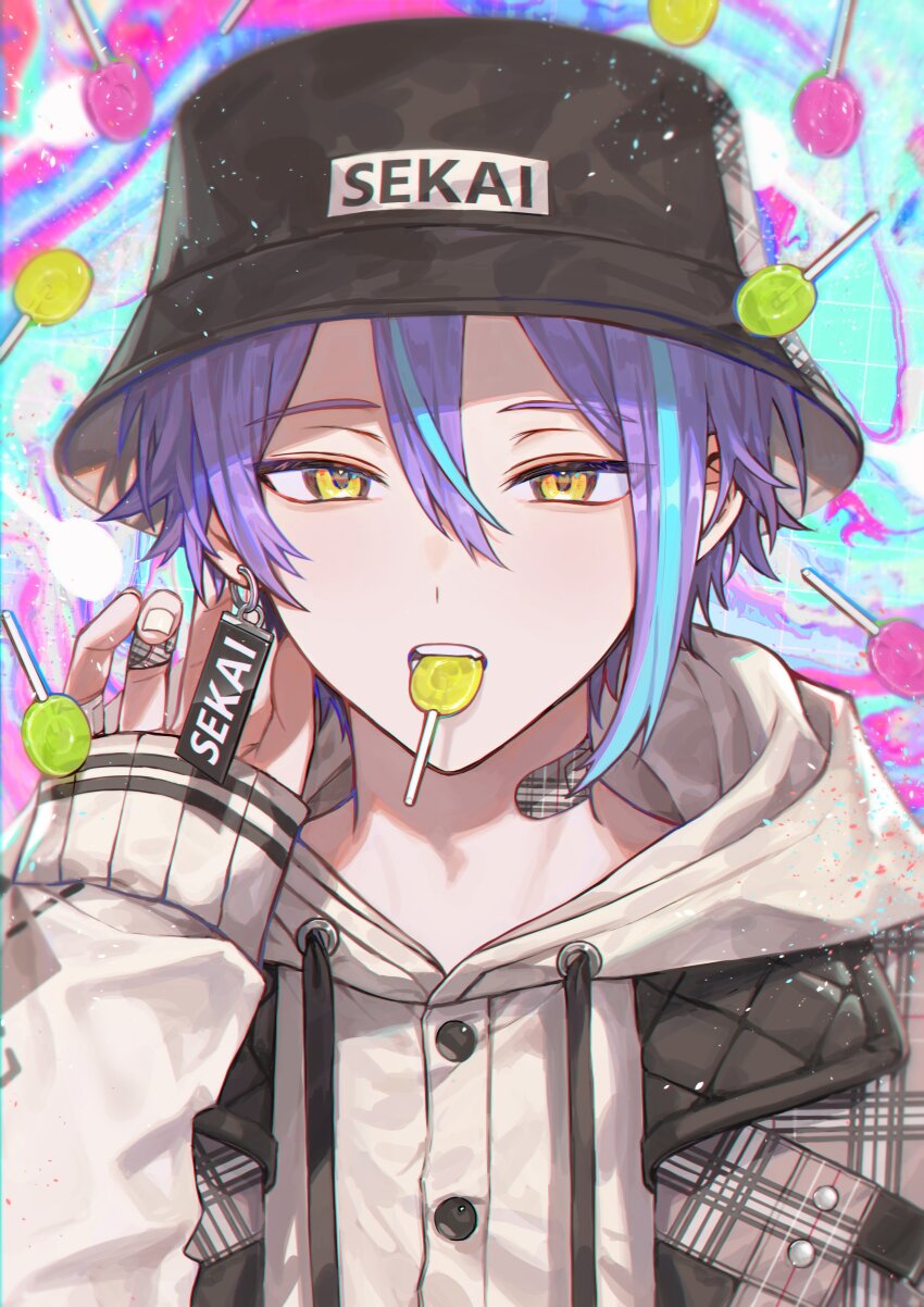 1boy absurdres adjusting_earrings asymmetrical_sidelocks bandaid bandaid_on_finger bandaid_on_neck bishounen black_hat blue_background blue_hair bucket_hat buttons chromatic_aberration coat colorful_background double-parted_bangs drawstring earrings fujishiro74 grey_coat hair_between_eyes half-closed_eyes hand_up hat highres hood hood_down hooded_coat jewelry kamishiro_rui logo_print looking_ahead looking_at_viewer male_focus motion_blur mouth_hold multicolored_hair pink_background plaid_clothes plaid_coat portrait project_sekai purple_hair recurring_image short_hair single_earring sleeves_past_wrists solo splatter straight-on streaked_hair text_print wavy_background white_background yellow_eyes