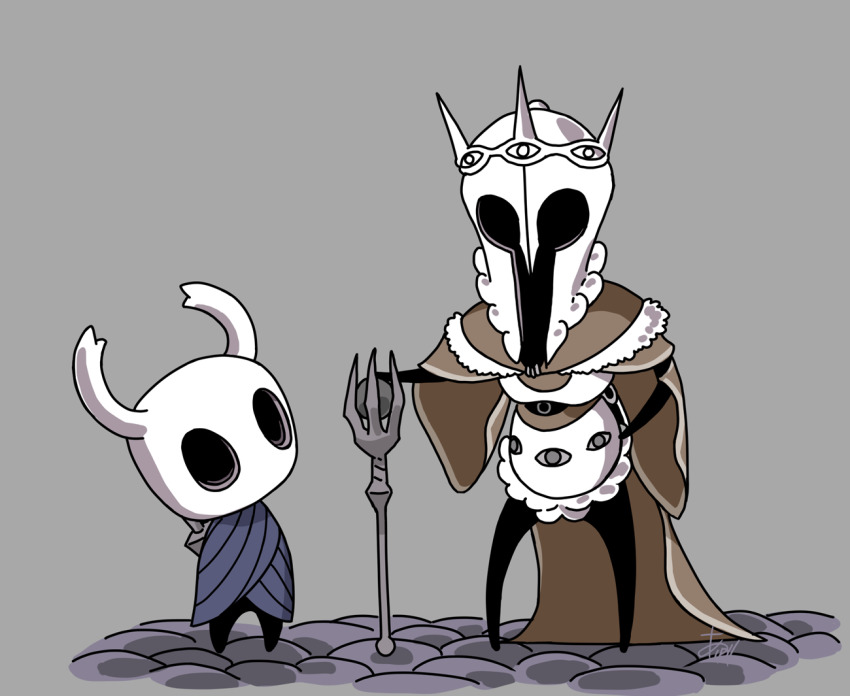 1boy arizuka_(catacombe) cape cloak crossover elden_ring gideon_ofnir grey_background hand_on_own_hip height_difference helmet hollow_eyes hollow_knight knight_(hollow_knight) looking_at_another parody simple_background staff standing style_parody