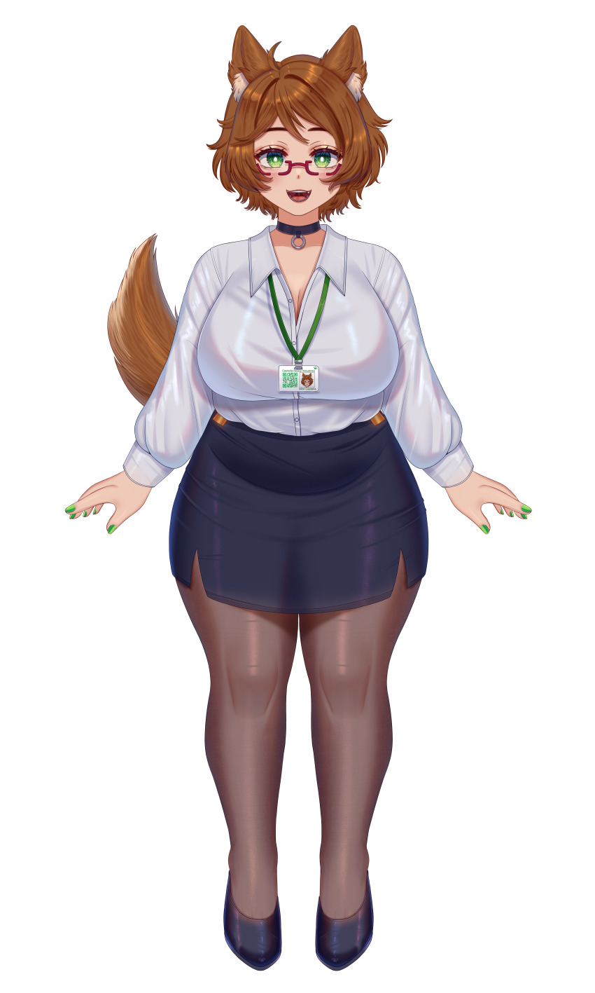 1girl absurdres ahoge animal_ear_fluff animal_ears annotated arms_at_sides blue_skirt blush breasts brown_hair brown_tail buttons character_name choker cleavage close-up collared_shirt commentary dog_girl english_text full_body glasses green_eyes green_nails highres id_card indie_virtual_youtuber lanyard large_breasts long_sleeves looking_at_viewer medium_hair mint_castella open_hands open_mouth pantyhose paw_print qr_code red-framed_eyewear semi-rimless_eyewear shirt simple_background skirt smile solo standing straight-on su_niii tail tareme thick_thighs thighs third-party_source variant_set virtual_youtuber white_background wing_collar