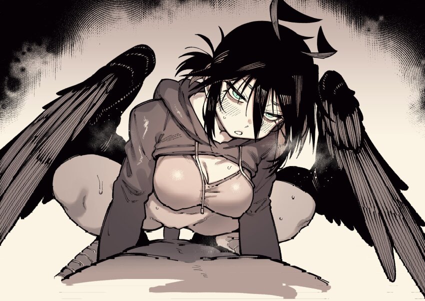 1boy 1girl antenna_hair bags_under_eyes bird_legs blush bra breasts breath crow-chan_(karasu_raven) drawstring feathered_wings girl_on_top greyscale hair_between_eyes hetero highres hood hood_down hoodie karasu_raven large_breasts low_wings monochrome open_mouth original penis pov pussy sex short_twintails spot_color squatting squatting_cowgirl_position sweat twintails underwear vaginal wings