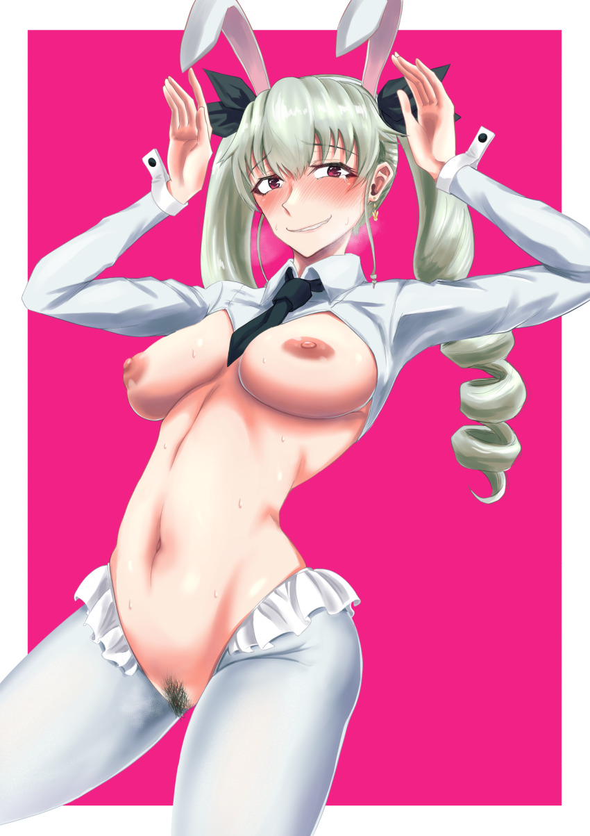 1girl anchovy_(girls_und_panzer) animal_ears black_necktie blush breasts drill_hair earrings fake_animal_ears female_focus female_pubic_hair functionally_nude girls_und_panzer green_hair hair_ornament hair_ribbon highres jewelry large_breasts looking_at_viewer meme_attire navel necktie nipples pubic_hair pussy rabbit_ears rabbit_pose red_eyes reverse_bunnysuit reverse_outfit ribbon solo tatami_san_tatami tears thighhighs twin_drills twintails white_thighhighs wrist_cuffs