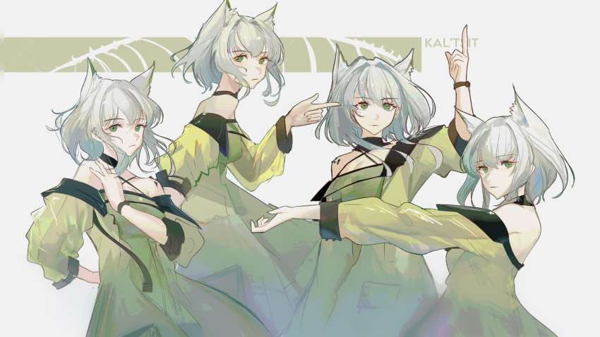 1girl animal_ear_fluff animal_ears arknights black_choker cat_ears cat_girl character_name choker dress green_dress green_eyes green_hair highres kal&#039;tsit_(arknights) material_growth naoel_(naoel_art) off-shoulder_dress off_shoulder oripathy_lesion_(arknights) see-through_clothes see-through_sleeves short_hair