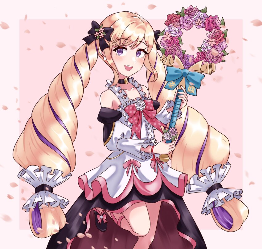 1girl absurdres angryforks big_hair black_bow border bow cherry_blossoms collarbone commentary dress drill_hair elise_(fire_emblem) elise_(valentine)_(fire_emblem) english_commentary eyelashes falling_petals fire_emblem fire_emblem_fates fire_emblem_heroes hair_bow highres long_hair nintendo official_alternate_costume open_mouth outside_border parted_bangs petals pink_background purple_eyes smile solo standing standing_on_one_leg teeth twin_drills upper_teeth_only very_long_hair white_border