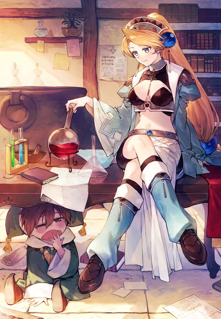 1boy 1girl atelier_(series) atelier_marie benitama bike_shorts blonde_hair blue_eyes book bookmark bookshelf breasts brown_footwear brown_hair cauldron cleavage coat covering_own_mouth crop_top crossed_legs day earrings fairy_(atelier) flask full_body green_coat hand_over_own_mouth hand_up highres holding holding_flask indoors jewelry leg_warmers liquid long_hair long_sleeves looking_down low-tied_long_hair marlone medium_breasts navel official_art one_eye_closed open_mouth paper plant ponytail potted_plant shoes short_hair sitting sitting_on_table sleepy smile solo table yawning